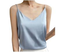 Camisole Tops for Women Satin Tank Tops Silky Camisole Tops V Neck Basic Blouses Sleeveless 2024 Summer Cami Shirts/UK Size/Ladies Warm Coats/Winter Blue