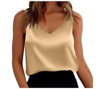 Camisole Tops for Women, Womens Solid Silk Satin Tank Tops Sexy V Neck Casual Cami Sleeveless Blouses Summer Basic Tank Shirt Fashion Loose Fitting Vest Tops Khaki