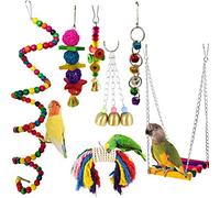 Camiter Bird Toys Parrots Toy 7pcs Hanging Swing Chewing Bell Toy for Cage Conures Parakeets Cockatiels Macaws Finches Mynah Budgies and Lovely Birds