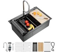 CAMMOO 33X22 Drop In Kitchen Sink, Nano Stainless Steel Workstation Sink, Pop-Up Drain, Upgraded Fast Drain & Anti-Clog, Topmount Single Bowl with Accessories, Foldable Grid, black sink