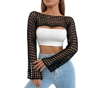 CAMNOW Womens Crochet Crop Tops Y2k Knit Shrug Sweater Hollow Out Long Sleeve Bikini See Through Cover Ups, Black, XL