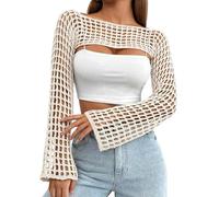 CAMNOW Womens Crochet Crop Tops Y2k Knit Shrug Sweater Hollow Out Long Sleeve Bikini See Through Cover Ups, Beige, L