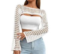 CAMNOW Womens Crochet Crop Tops Y2k Knit Shrug Sweater Hollow Out Long Sleeve Bikini See Through Cover Ups, White, Small