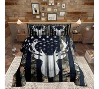 Camo American Flag Kids Comforter Sets Full Size,Deer Antlers Army Green Camouflage Bedding Comforters for Man,Western Farmhouse Animal Hunting Stars Stripes USA Flag Down Comforter RV Inside Decor