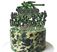Camo Cake Topper Tank Birthday Cake Decoration Camouflage Happy Birthday Cake Decor for Army Soldier Military Theme Baby Shower Supplies