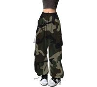 Camo Cargo Pants for Women Elastic High Waist Drawstring Wide Leg Parachute Joggers Sweatpants Baggy Hiking Trousers with Pockets Hip Hop Streetwear for Casual, Work and Sport, 01-Army Green, M