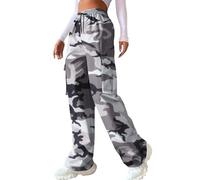 Camo Cargo Trousers for Women 2025 Clearance Wide Leg Trousers Ladies Casual Drawstring High Waist Parachute Pants Baggy Straight Leg Hiking Pants with Pockets Palazzon Sweatpants Plus Size S-XXL