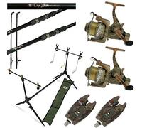 CAMO CARP FISHING SET UP 2 X 12FT CARP RODS + 2 X CARP REELS + 2 X ALARMS + POD