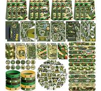Camo Party Favors, 12 Goodie Bags, 12 Mini Notepads, 12 Rubber Bracelets, 50 Stickers, 12 Assemble Stickers, 12 Button Badges, 12 Slap Bracelets for Army Hunting Military Party Supplies, 122PCS
