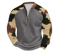 Camo Patchwork Half Zip Up Sweatshirt for Men, Autumn Casual Trendy Stand Collar Long Sleeve Tops Outdoors Comfy Athletic Big & Tall Training Clothes (Grey, M)