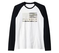 Camo Plumber Camourflage USA Flag Fathers Day Plumbing Raglan Baseball Tee
