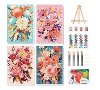 Camocin Art 4 Pack Paint by Numbers for Adults with Frame, Flowers Framed Paint by Numbers for Beginner, Floral Adult Painting by Number Canvas Kits with Frame for Gift Home Decor 8 x 12 Inch