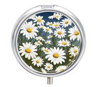 Camomile Pattern Metal Pill Organizer, 3 Compartment Waterproof Pill Case with Mirror for Purse Pocket Bag, Daily Medicine Vitamin Holder, Portable Travel Med Container(Round)