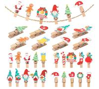 CAMOSE 40 Pack Wooden Clips with Jute String, Mini Xmas Decorative Pegs for Tree and Photos Christmas Wall Decoration