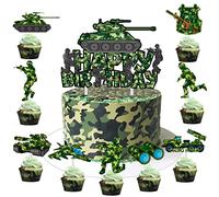 Camoufalge Birthday Party Cake Topper Camo Cupcake Toppers Camo Gree Happy Birthday Cake Decoration for Army Soldier Military Theme Baby Shower Supplies