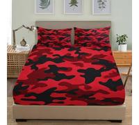 Camouflage Abstract Pattern Soft Cozy Brushed Microfibre Fitted Sheet Set Double 54x75 inch 30cm Deep Pocket Red Fitted Bed Sheet Breathable Hypoallergenic Bedding for Boys Girls Room Decor