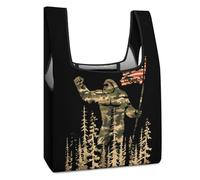 Camouflage Bigfoot U.S. Flag Funny Reusable Grocery Bag Printed Fold-able Shopping Bags Washable Tote Lightweight Storage Pouch with Handle