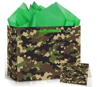 Camouflage Birthday Gift Bag with Card & 3 Sheets Green Tissue Paper, Army Military Theme Present Bag for Boys Men, Large Luxury Camo Wrap for Soldiers, Father's Day, Kids Party