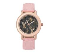 Camouflage Deer Hunting Pattern Women's Leather Watch Easy Reader Minimalist Wristwatch Pink Rose Gold Strap Watches