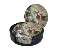 Camouflage Deer Print Round Leather Coasters - Set Of 6, Ultra-Fiber Pu Leather