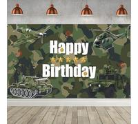 Camouflage Military Birthday Party Backdrop, 180x110cm Army Theme Wall Banner for Boys, Tank Helicopter Soldier Combat Party Decorations, Photo Booth Background for Kids(Green)