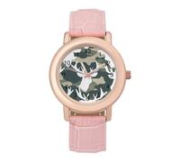 Camouflage Pattern Deer Head Women's Leather Watch Easy Reader Minimalist Wristwatch Pink Rose Gold Strap Watches