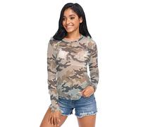 Camouflage Pattern Womens Mesh Sleeve Top, See Through Tops, Sheer Sleeve Top, Camouflage Pattern-5, XL