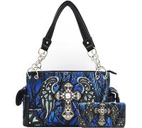 Camouflage Rhinestone Cross Laser Cut Shine Glow Wings Western Style Purse Country Handbag Women Shoulder Bag Wallet Set, Blue Set, One Size