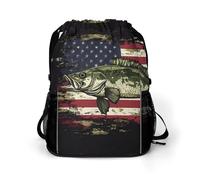 Camouflage U.S. Flag Bass Fish Trendy Drawstring Backpack Lightweight Gym Bag with Shoes Compartment Printed String Daypack