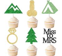 Camp Bachelorette Cupcake Toppers 24Pcs Camping Party Cake Decorations Gold Glitter Diamond Ring Miss to Mrs Mountain Tent Cupcake Picks Camper Theme Decoration for Hiking Engagement Party Supplies