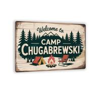 Camp Chugabrewski Sign - Vintage Metal Camping Wall Decor, Rustic Outdoor Tent & Campfire Scene, Funny Welcome Plaque For Cabin Or RV 8x12