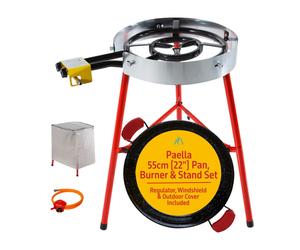 Camp&Fire 55cm Full Paella Set. Enamelled Steel Paella Pan with Windshield, Regulator, Gas Hose & Outdoor Cover, 16 Servings