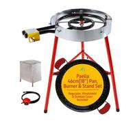 Camp&Fire Paella Pan Cooking Set | Gas Burner & Tripod Stand Full Set | 12 Servings (46cm) Enamelled Steel Paella Pan with Windshield, Regulator, Gas Hose & Outdoor Cover.