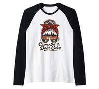 Camp Hair Don't Care Messy Bun Funny Camping Camper Women Raglan Baseball Tee