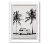 Camper Between Palms Minimalist Framed Wall Art Print A4 (29.7×21cm) White, Wall Decor for Living Room, Bedroom, Office & Home, Ready to Hang, Art Gift