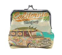 Camper Bus Hippie Peace Sign Palm Trees California Surf Leather Coin Purse, Kiss Lock Mini Clutch Pouch Pocket, Hasp Card Key Change Wallet, Buckle Small Handbag Case for Women Girls Ladies