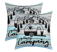 Camper Cushion Cover Happy Camping Cushion Covers 40 x 40 cm Set of 2 Soft Decor RV Camping Sofa Cushion Couch Cushion Cartoon Camping Car Wood Grain Blue Decorative Cushion
