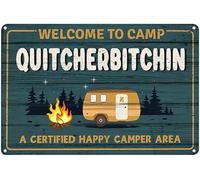 Camper Decor Sign Camper Accessories for Inside Camping Metal Sign Suitable for Rv, Bar, Man Cave, Indoor and Outdoor On The Wall, Metal Tin Sign Welcome to Camp Quitcherbitchin 8x12 Inches