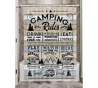 Camper RV Shower Curtain for Travel Trailer Bathroom, Farmhouse Camping Rules Quote Small Narrow Shorter Fabric Shower Curtains Set, Happy Camp Outdoor Decor Accessories with Hooks 47X64