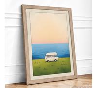 Camper Van at Leisure Modern Framed Wall Art Print A3 (42×29.7cm) Oak, Wall Decor for Living Room, Bedroom, Office & Home, Ready to Hang, Art Gift