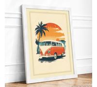 Camper Van at Sunset Retro Framed Wall Art Print A2 (59.4×42cm) White, Wall Decor for Living Room, Bedroom, Office & Home, Ready to Hang, Art Gift