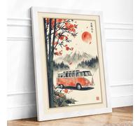 Camper Van Beneath Crimson Sun Japandi Framed Wall Art Print A1 (84.1×59.4cm) White, Wall Decor for Living Room, Bedroom, Office & Home, Ready to Hang, Art Gift