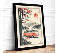 Camper Van Beneath Crimson Sun Japandi Framed Wall Art Print A2 (59.4×42cm) Black, Wall Decor for Living Room, Bedroom, Office & Home, Ready to Hang, Art Gift