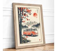 Camper Van Beneath Crimson Sun Japandi Framed Wall Art Print A3 (42×29.7cm) Oak, Wall Decor for Living Room, Bedroom, Office & Home, Ready to Hang, Art Gift