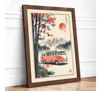 Camper Van Beneath Crimson Sun Japandi Framed Wall Art Print A3 (42×29.7cm) Walnut, Wall Decor for Living Room, Bedroom, Office & Home, Ready to Hang, Art Gift