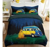 Camper van, campfire, forest meadow Duvet Cover Set 59"x79"(150 x 200 cm) Microfibre Soft Quilt Covers Retro cartoon illustration, countryside holiday style Bedding Sets
