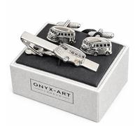 Camper Van Cufflinks and Tie Bar Set, Silver Tone, Novelty Transport Theme, Onyx Art TBC45, In Premier Life Store Box