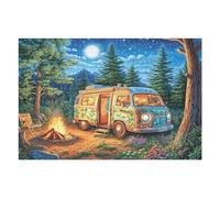 Camper Van Forest Campfire Camping Leisure Life Rural Wild 1000 Piece Jigsaw Puzzle for Adults Meditation Aid Mindful Practice Detailed Design for Yoga Enthusiasts 1000 PCS