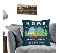 Campervan Decorations Set Includes Wooden Camping Rules Sign and Home is Where Park It Cushion Cover for Travel Camping Home Accessory
