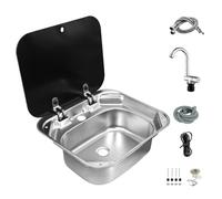 Campervan Sink, Portable RV Sink with Lid, Stainless Steel Single Bowl Hand Wash Basin with Foldable Faucet for RV Caravan Camper Kitchen